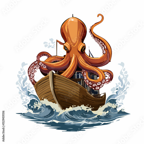Stylized 3D vector of a giant octopus wrapping its tentacles around a sinking ship, with intricate textures and dramatic lighting for a nautical beast T-shirt graphic