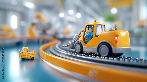 Industrial automation in action miniature construction vehicles on a factory track technology showcase indoor environment close-up view