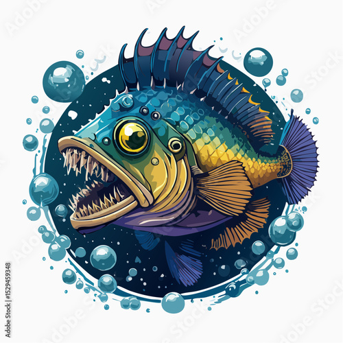 3D vector design of a menacing deep-sea anglerfish with glowing lure and sharp fangs, surrounded by bubbles and darkness — intense and mysterious T-shirt art