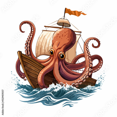 Stylized 3D vector of a giant octopus wrapping its tentacles around a sinking ship, with intricate textures and dramatic lighting for a nautical beast T-shirt graphic