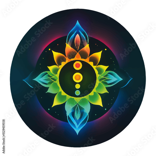 Vibrant Rainbow Mandala Design featuring a glowing flower with chakra energy points for spiritual art, meditation, yoga, and wellness themes.