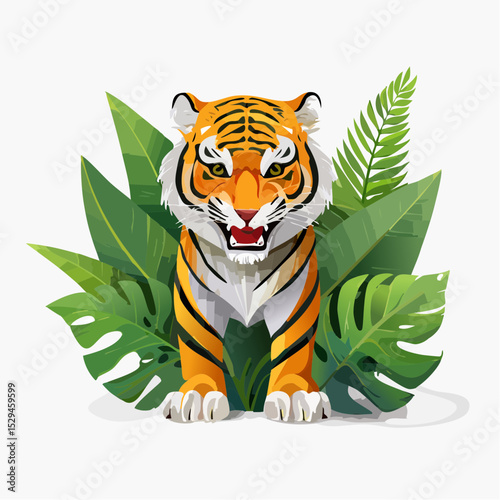 3D stylized vector of a growling tiger emerging from jungle foliage, vibrant orange and black stripes with depth and shading for a striking T-shirt print