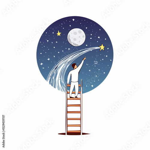 Surreal vector T-shirt design of a person climbing a ladder into space, reaching for the moon with a star trail behind — dreamy and artistic concept