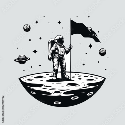Monochrome vector design of an astronaut planting a flag on a distant planet, surrounded by craters and stars — detailed and bold for T-shirt print