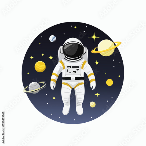 Vector illustration of an astronaut floating in space with planets, stars, and a cosmic background in a minimalist, modern T-shirt design style