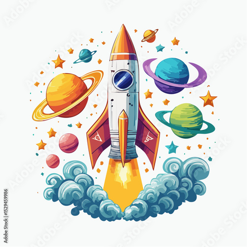 Stylized vector design of a rocket launching into space with colorful smoke trails, planets, and shooting stars in retro vintage T-shirt style