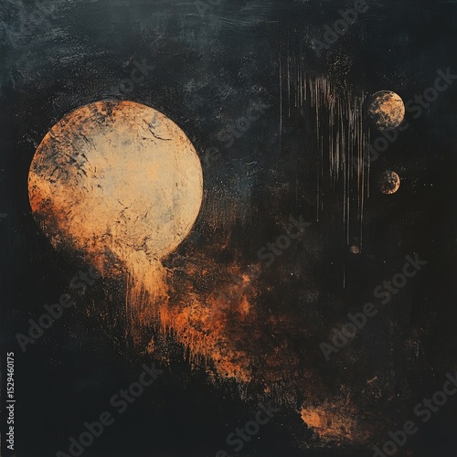 Cosmic landscape, ochre planet, streaks of decay