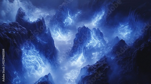 Electrifying blue energy surges through a mystical, mountainous landscape shrouded in fog