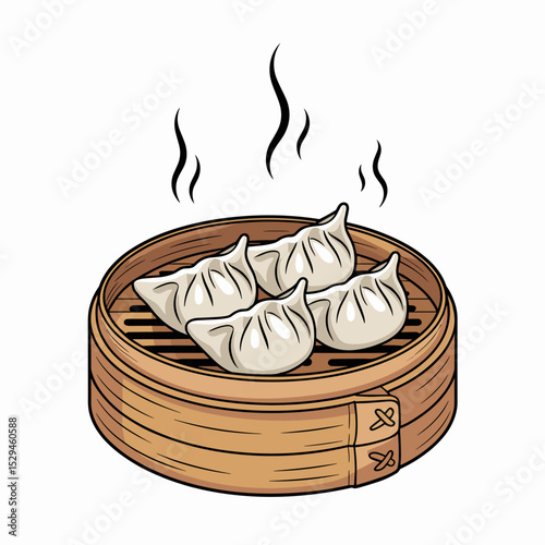 Steamed Gyoza Dumplings in Bamboo Basket Illustration