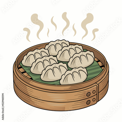Steamed Gyoza Dumplings in Bamboo Basket Illustration