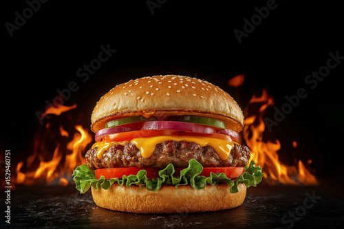 Image of a delicious juicy hamburger on a wooden plate. Black background with a few burning flames, helping to focus on the delicious burger