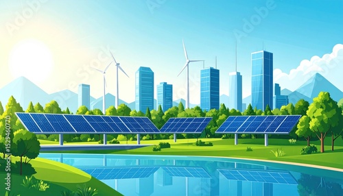 Sunny, clean city skyline with solar panels, wind turbines, and a reflecting lake in a park
