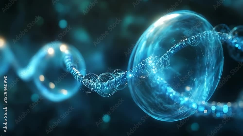 Abstract representation of molecular structures with glowing blue bubbles and strands in a dark background