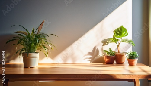 sunlit plant decor minimalist home interior with wooden table