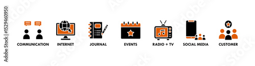 Public relations - pr banner web icon vector illustration concept with icon of communication, internet, journal, events, radio, tv, social media, and customer