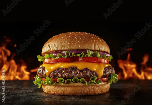 Juicy hamburger with melted cheese On a black background there is a burning fire for food advertising.
