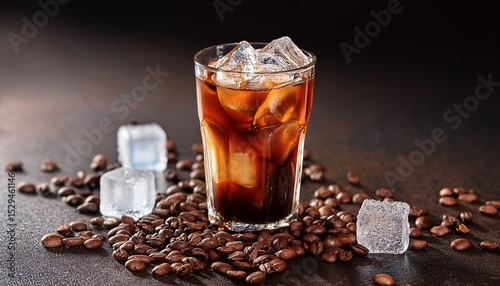 elegant iced coffee drink with ice cubes and beans