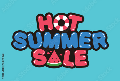 A vibrant summer sale banner with colorful, cute and fun typography, lifebuoy, tube and watermelon icons, perfect for seasonal promotions and marketing.