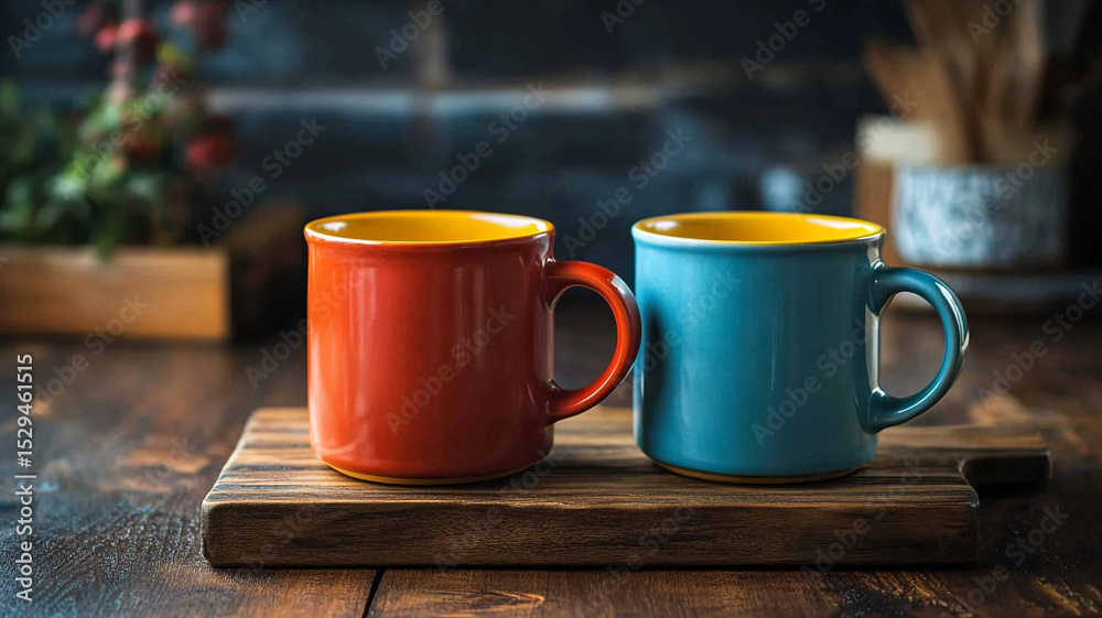 Obraz premium Colorful coffee mugs on wooden board kitchen
