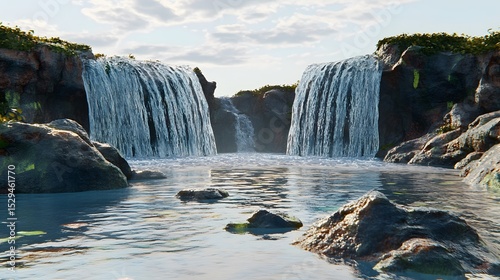 Cascading Waterfall Through Rocks Surrounded by Green Foliage Beauty
