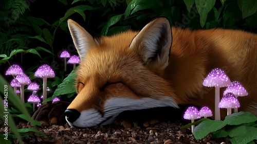 A red fox resting peacefully in a lush, verdant forest, surrounded by vibrant purple mushrooms that emit a mystical glow, creating a dreamlike, fantastical scene.