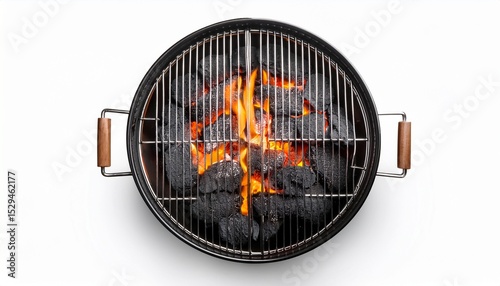 top down view of a round grill with hot glowing charcoal ready for cooking and barbecue preparation on white