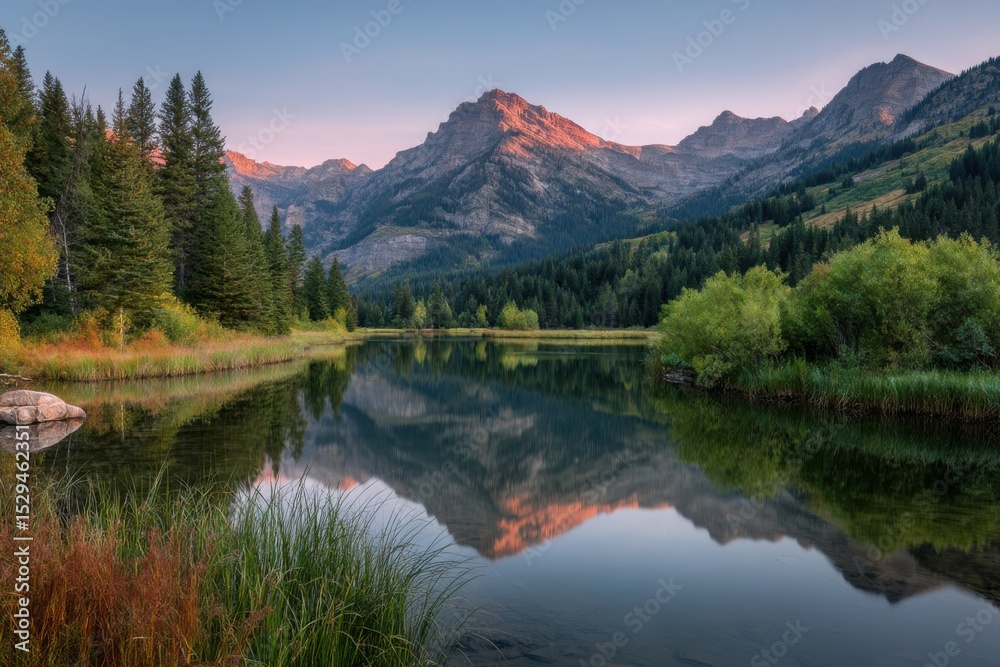 Fototapeta premium Mountain lake reflection scenic view on white background