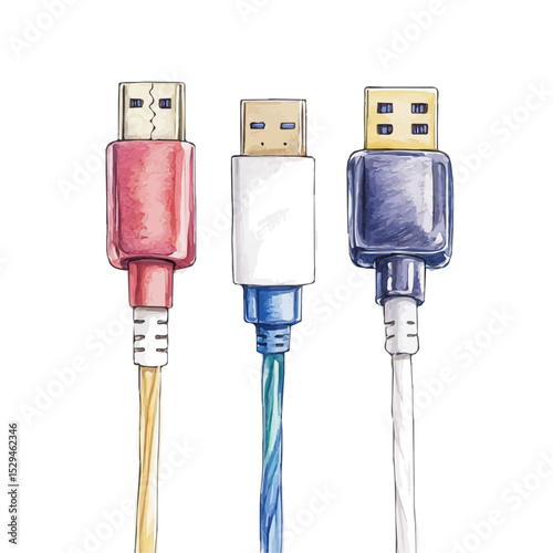 Charging Cables Type-C Lightning Micro USB, watercolor drawing vector, high quality, isolated on a white background.