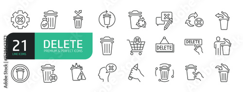 Set Of Delete Icons. Contains such icons as Erase, Garbage, Clear, Waste, Undo, Bin, Trash, Mistake, Denied, Error, Throw, Recycle, and more.