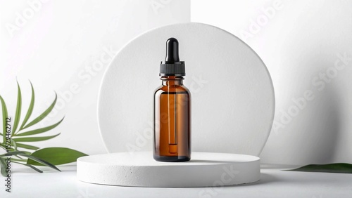 Elegant Brown Glass Dropper Bottle Displayed in a Clean, Botanical-Inspired Setting
