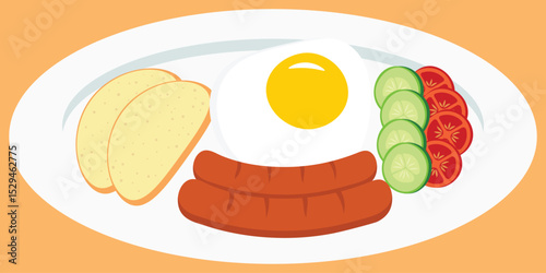 Healthy Breakfast Food With Egg, Bread, Sausage, Cucumber slices and Tomato Slices