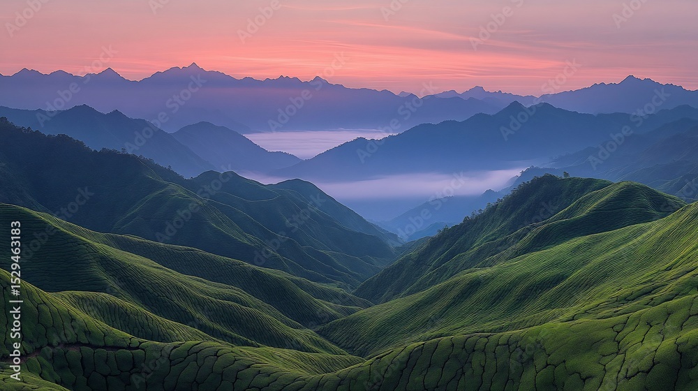 Obraz premium Sunrise over misty green terraced mountains