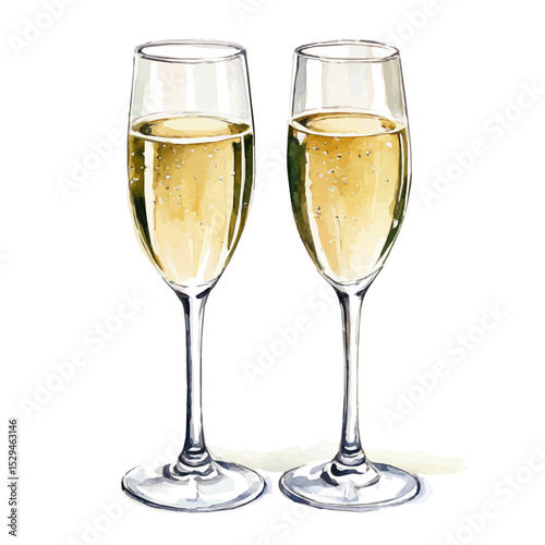 Champagne Flutes, watercolor drawing vector, high quality, isolated on a white background.