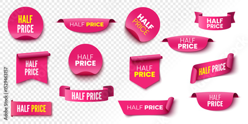 Half price sale banners. Pink ribbons, tags and stickers. Vector illustration.