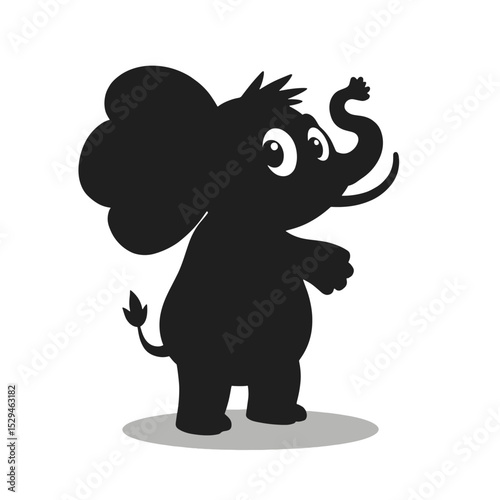 Cartoon Elephant Black Silhouette Vector with Big Eyes and Raised Trunk on White Background (1).eps