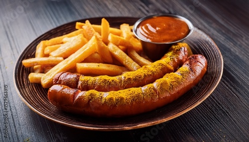 currywurst topped with curry powder and fries