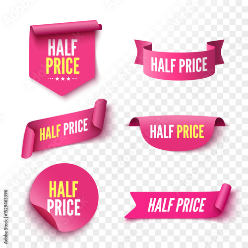 Half price sale banners. Pink ribbons, tags and stickers. Vector illustration.