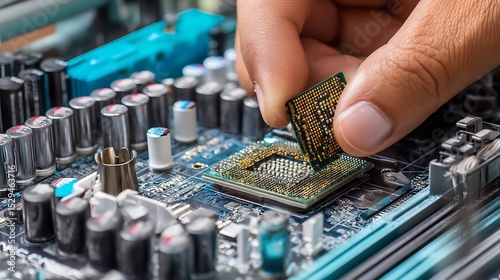 technician installing computer hardware installing CPU on motherboard