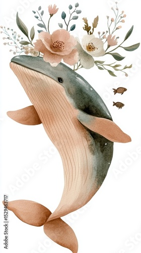 Watercolor illustration of a whale adorned with flowers and foliage, swimming gracefully in an oceanic environment, showcasing the beauty of marine life and nature's harmony