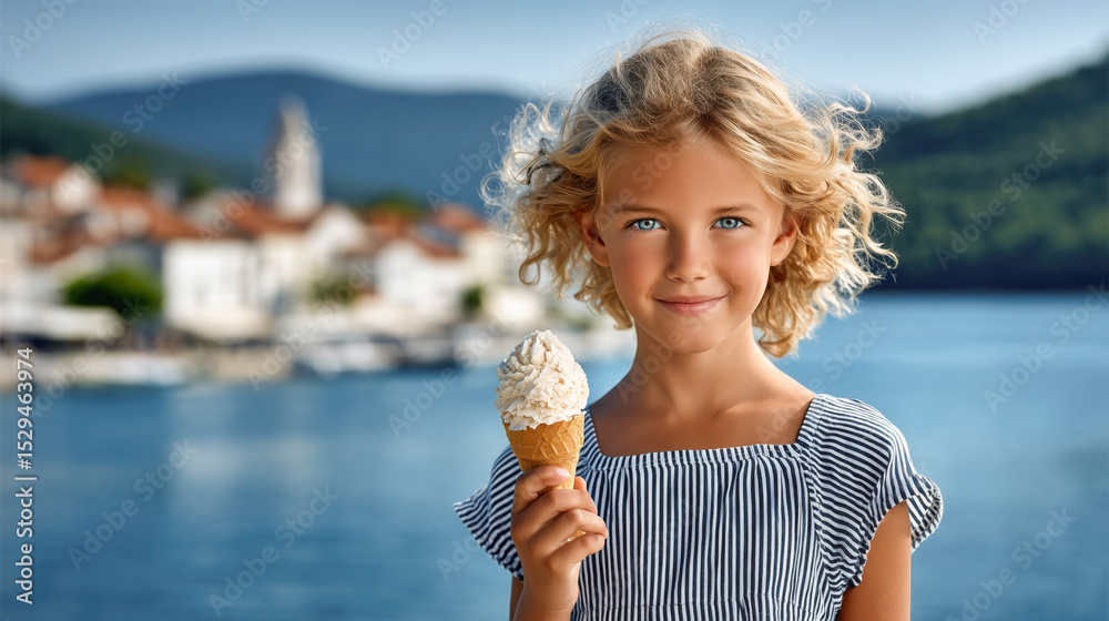 Fototapeta premium Young girl with curly blonde hair enjoying ice cream cone by the waterfront, with picturesque village and mountains in the background, capturing summer joy and innocence