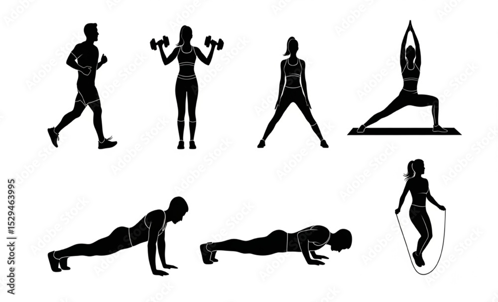 Obraz premium Fitness Workout Silhouettes Set | Collection of Exercise and Yoga Poses for Gym, Sport, and Healthy Lifestyle Promotion