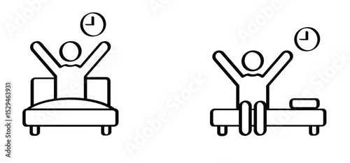Woke up and stretched in bed. Waking up, good morning. Cartoon wake up or sleepless icon. Stickman, stick figure man sign. Sleeping concept. Persion in bed. Sleeping hotel. Clock time.