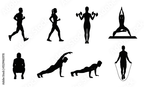 Fitness Activity Silhouettes Set | Diverse Workout Exercise Graphics for Gym, Health, Sports, and Wellness Concepts