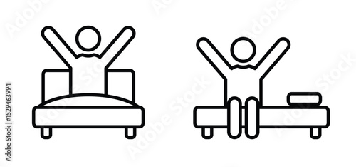 Woke up and stretched in bed. Waking up, good morning. Cartoon wake up or sleepless icon. Stickman, stick figure man sign. Sleeping concept. Persion in bed. Sleeping hotel. Clock time.