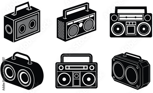 Vintage Boombox Music Player Silhouette – Retro Audio Device Vector Clipart Featuring Classic Portable Stereo, Cassette Deck, and Old-School Speaker Design

