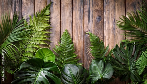 ferns and tropical leaves on a wooden wall