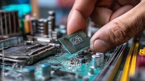 technician installing computer hardware installing CPU on motherboard