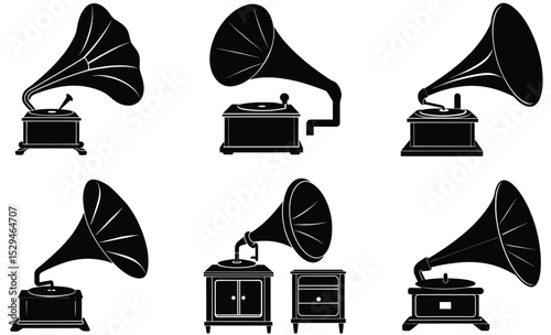 Retro-Style Gramophone Silhouette – Vintage Phonograph Vector Clipart Featuring Classic Turntable, Horn Speaker, and Antique Music Player Design

