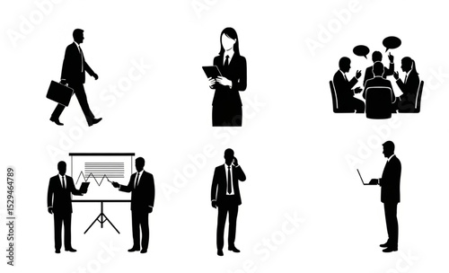 Business People Silhouettes - Meeting, Presentation, Communication, and Office Work | Corporate Professional Icons for Business Presentations and Website Graphics