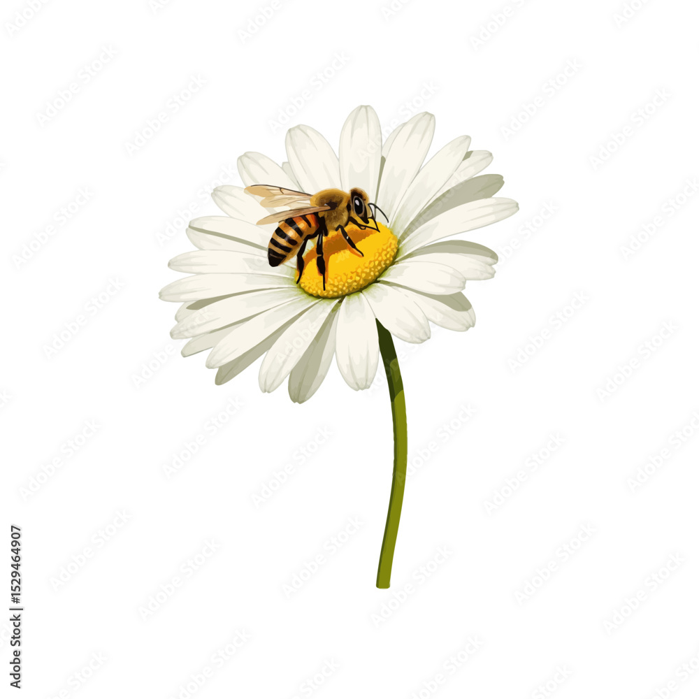 Obraz premium Bee pollinating a white daisy flower against a plain background 